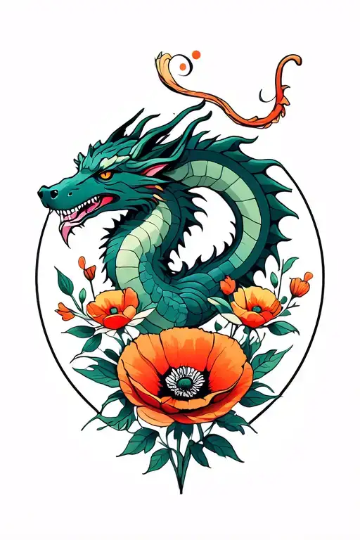 Separate Dragon And Dog Zodiac Sign With Poppy Flower