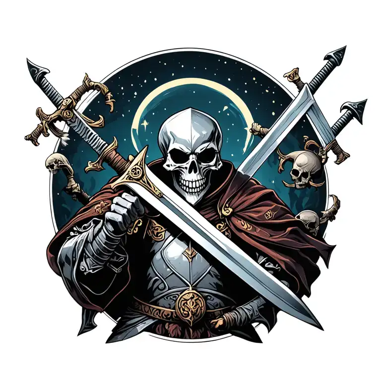 Medieval Skull Knight Holding A Sword Surrounded By Dead Nights And Swords