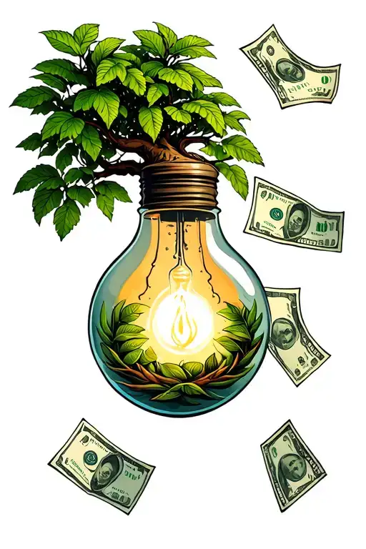 Light Blub With Money Tree Growing Out The Top Of Light Blub