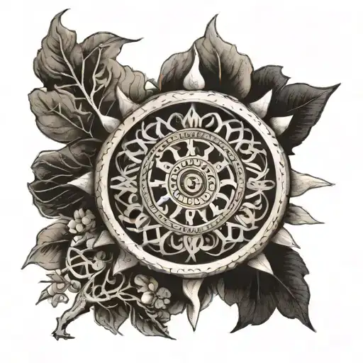 Hindu Wheel With 8 Spokes And Spokes End Are Trees Branches