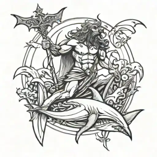 Poseidon Hold His Trident With Sharks With Gothic Bats In The Air