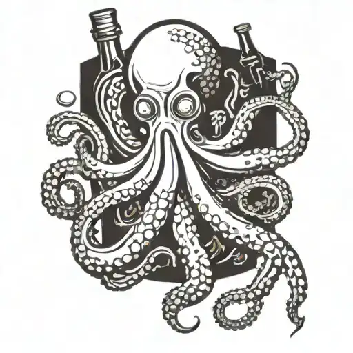 Octopus Grabing A Bottle Which Inside Has A Wooden Pirat Ship
