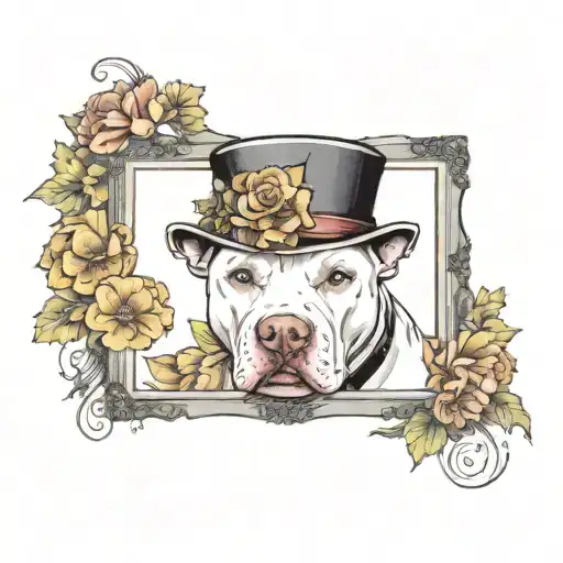 White Pitbull In A Tophat Within A Picture Frame In Color With Flowers