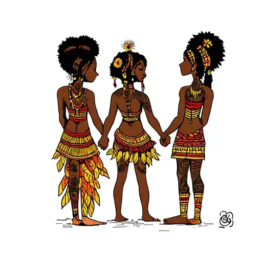 3 Papua New Guinea Daughters Holding Hands With Farther