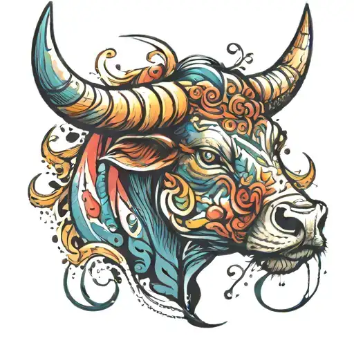 Bull Head Few Colors In Watercolor Representing
