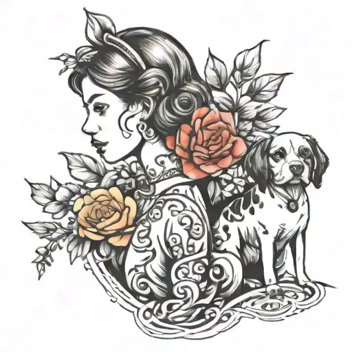 Tattoo - Blossoming Life Next To A Girl And A Dog