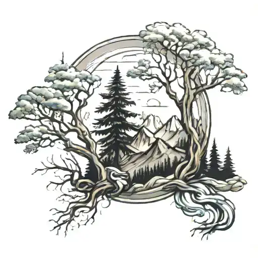 Tree And Mountain Scene Tattoo Coverup