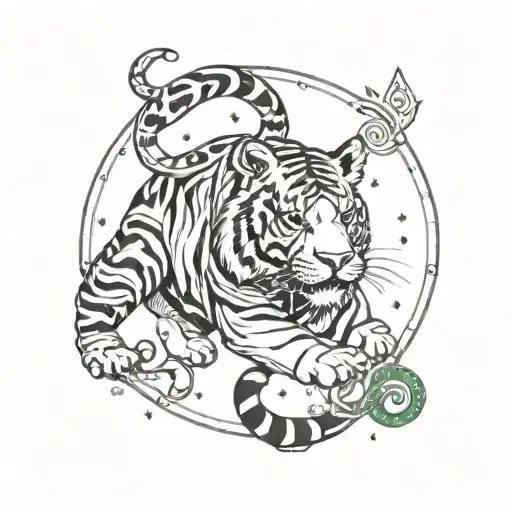 Tiger Surrounded Capricorn Constellation Intertwined
