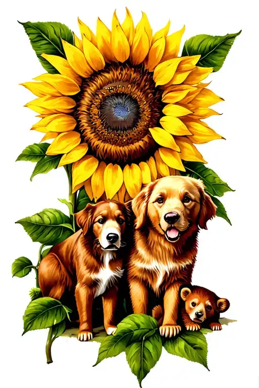 Sunflower And Golden Retriever Mom And Pup And 2 Bear Cubs