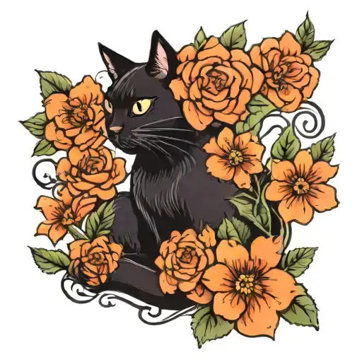 Black Cat With Flowers Growing