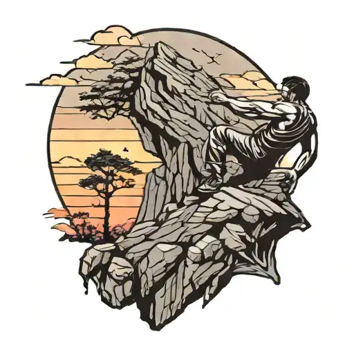 A Man Struggling To Climb Mountain With A Sunset In The Background