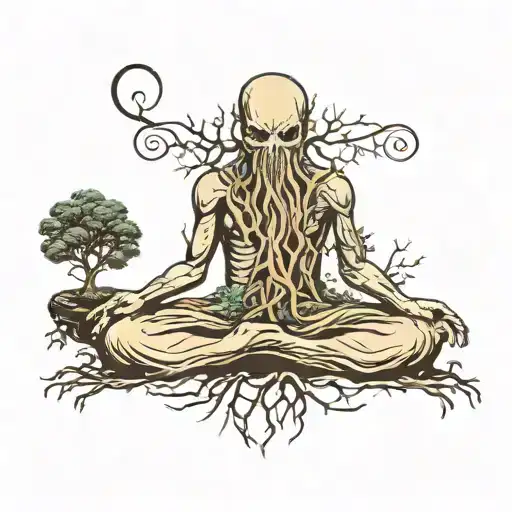 Peaceful Extraterrestial Meditating And Turning Into A Tree With Roots In Ground
