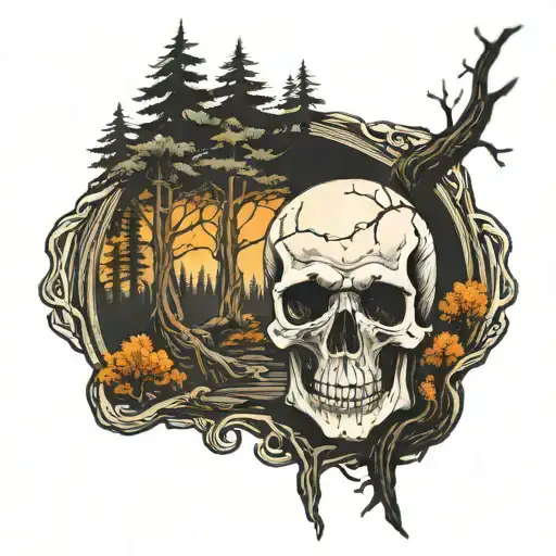 Spooky Forest Scene With Trail Leading To An Opening In The Shape Of A Skull