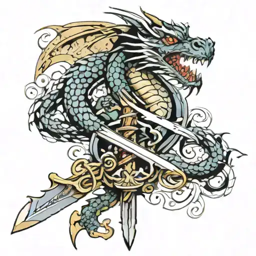Dragon And Sword Wrapped Together Representing Strength