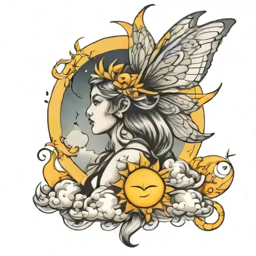 Fairy Tattoo With Sun Moon And Clouds