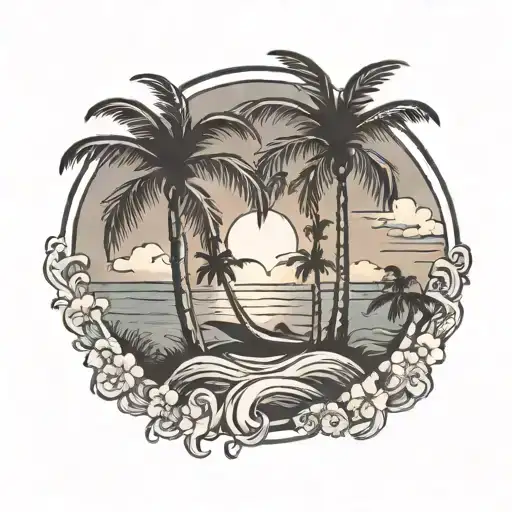 Black And White Beach With Palm Trees And Ocean