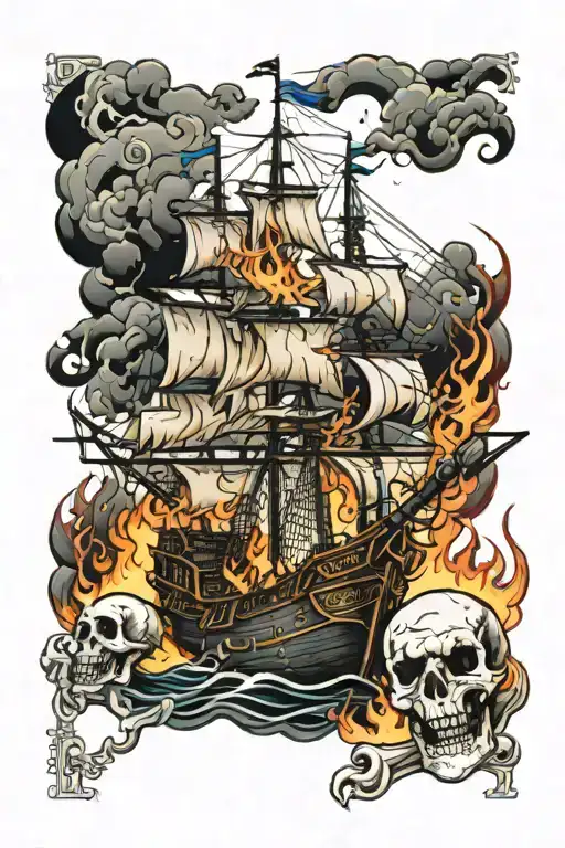 Pirate Ship On Fire And Skulls And Skeletons
