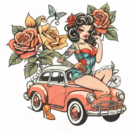 Flower And Pin Up Doll And Car