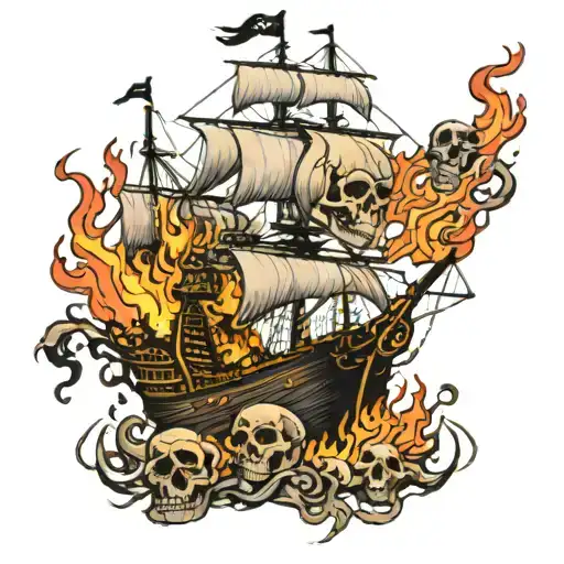 Pirate Ship On Fire And Skulls And Skeletons