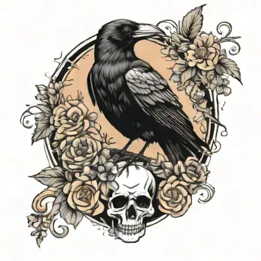 Crow Standing On A Skull Surrounded By Mushrooms And Pastel Flowers