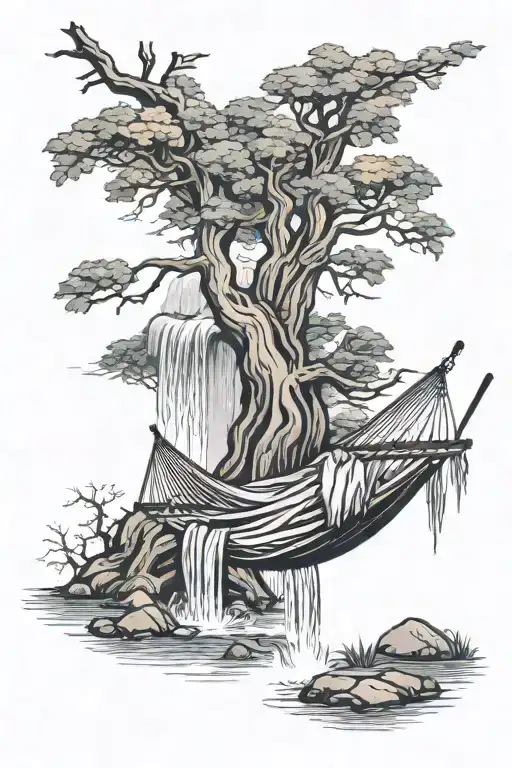 A Hammock In The Woods Beside A Raging River With A Majestic Waterfall