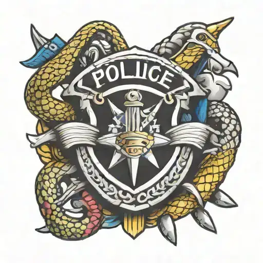 A Neotraditional Style Tattoo Of A Police Badge With Crossed Swords And A Snake Wrapped Around It