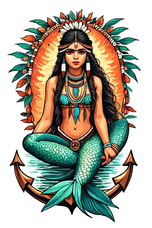 Native Indian Girl Mermaid Sitting On Anchor