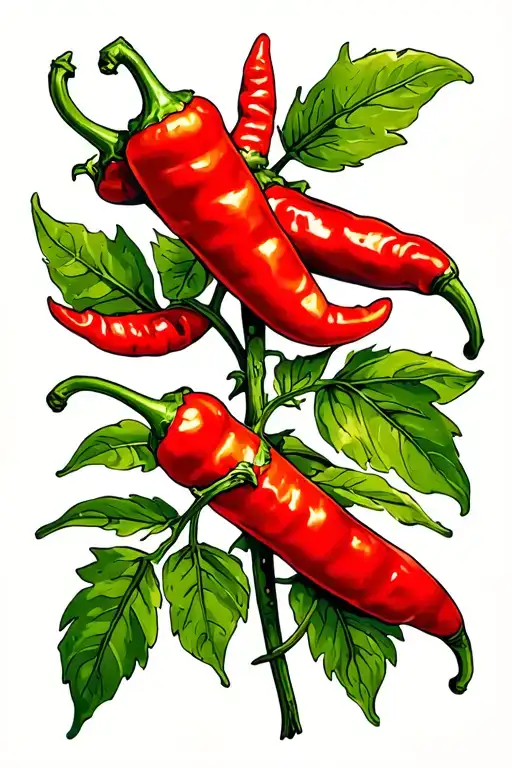 Vintage Red Peppers With Leaves In Color