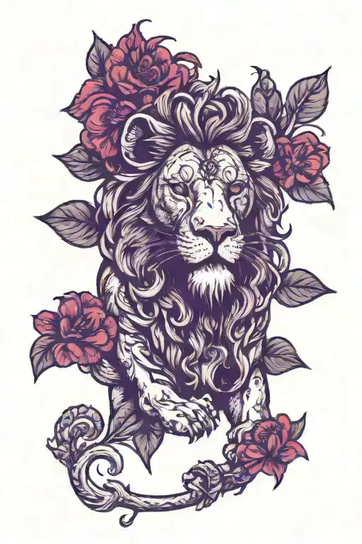 Lion With Geraniums And Ruby Eyes Looking