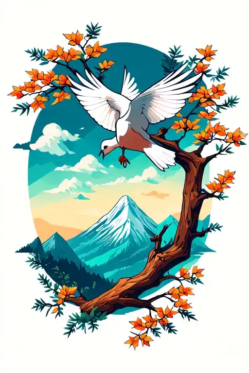 Geometric Styled Tree Branches And Mountain Landscape With One Dove