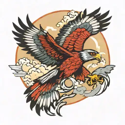 A Majestic Red Hawk Soaring Above A Battlefield With Native American Symbols In The Background