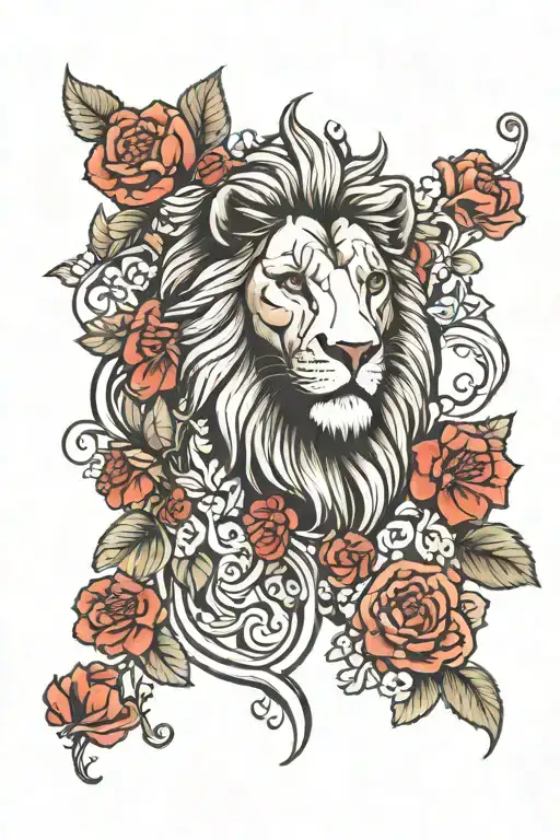 Lion With Geraniums And Ruby Eyes Looking