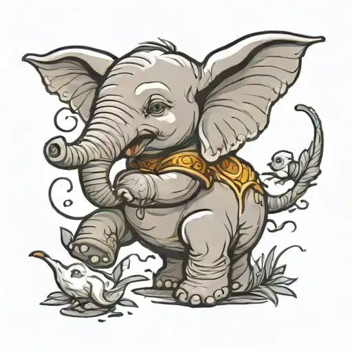Baby Elephant In Cartoon Character With Trunk In Air Holding Up One Leg Playing With A Dove