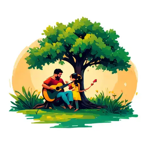 Father And Daughter Listeining To Music Under A Tree