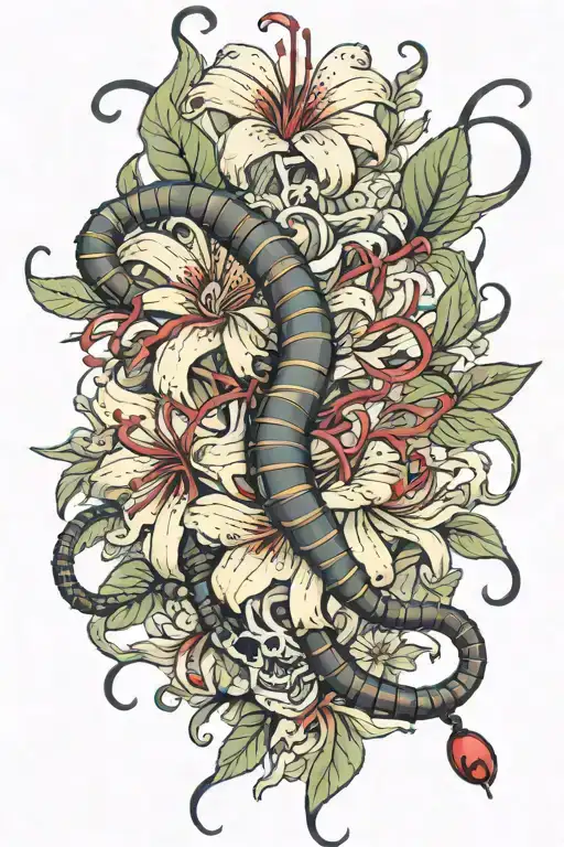 Realistic Long Centipede With Flowers And A Red Spider Lilly