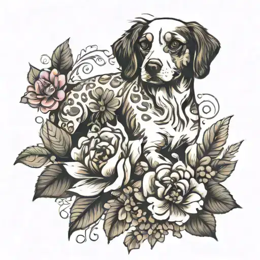 Dog And Parijat Flower Surrounded