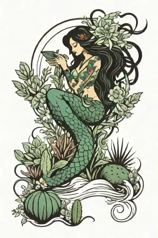 A New-school Design Featuring A Whimsical Mermaid Tending To A Garden Of Cactuses On A Beach