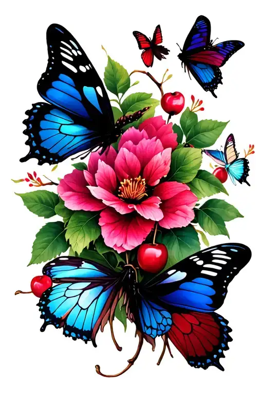 Cherry Blossum Vine And 7 Butterflies Surrounding