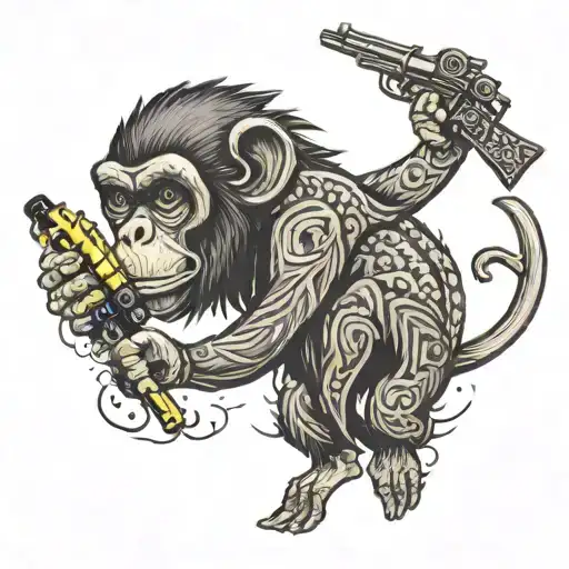 Two Monkeys One Serious One Joking With Banana Gun