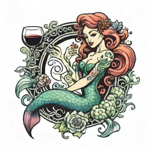 Ariel Mermaid Holding Wine Glass Surrounded