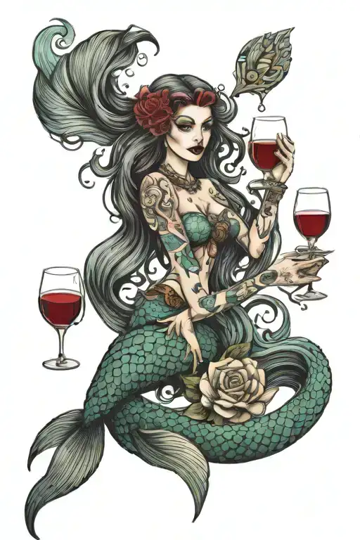 Mermaid Holding Wine Glass Filled