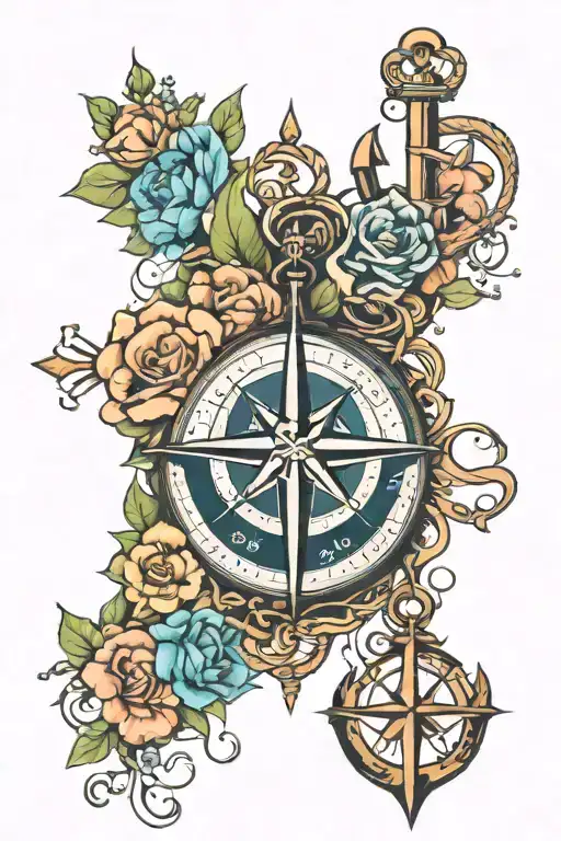 Compass Flowers And Anchor Intertwined