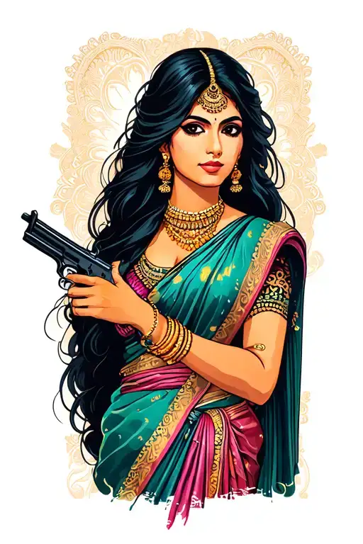 South Asian Woman With Long Black Hair Wearing Sari Modern With A Gun