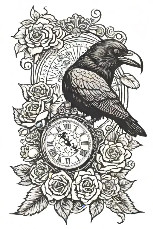 Unraveling Raven Holding A Broken Pocket Watch In Its Mouth Surrounded By Roses And A Banner