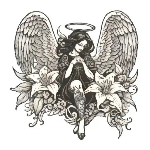 Black Angel With Lilies