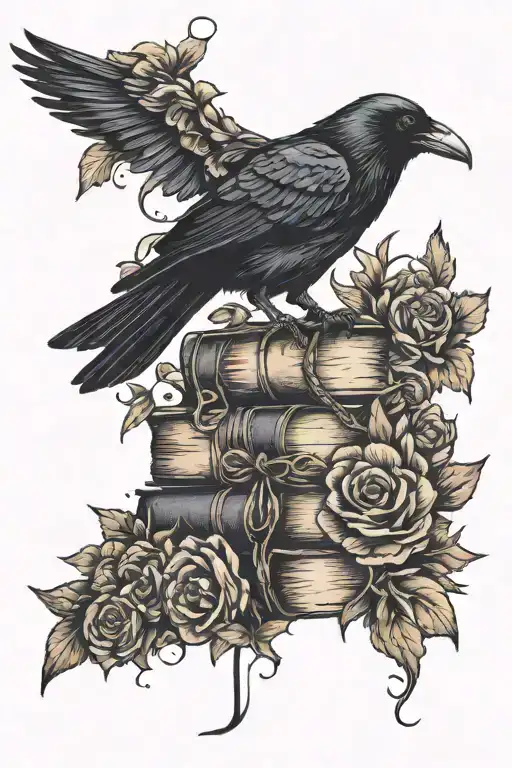 Books And Raven Standing With Flowers