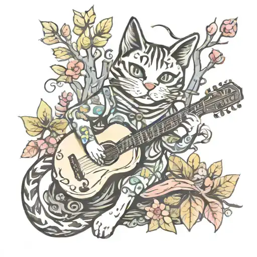A Whimsical Tattoo Of A Cat Playing A Guitar In A Forest Setting