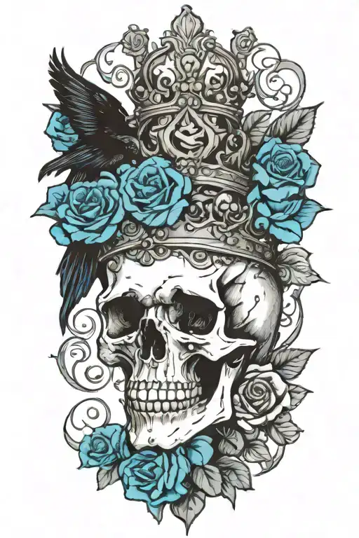Skull Wearing Crown With Raven And Blue Roses