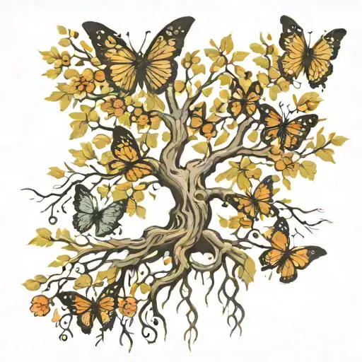 Poison Tree With Roots And Dead Butterflies Fluttering With No Color Or Flowers