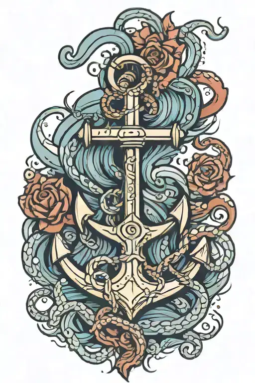 Tattoo Of An Anchor With A Octopus And Stormy Waters
